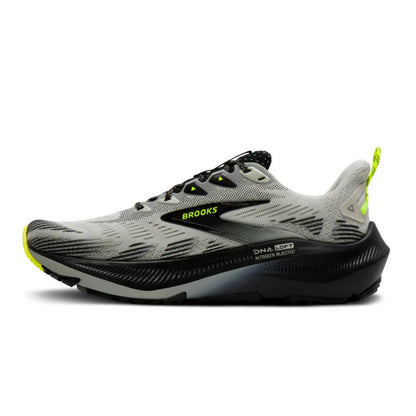 Brooks Glycerin running shoe in gray and black with neon yellow accents, shown in a side profile on a white background.