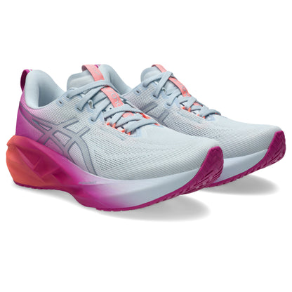 Pair of White and pink Asics shoe with coral accents on a white background