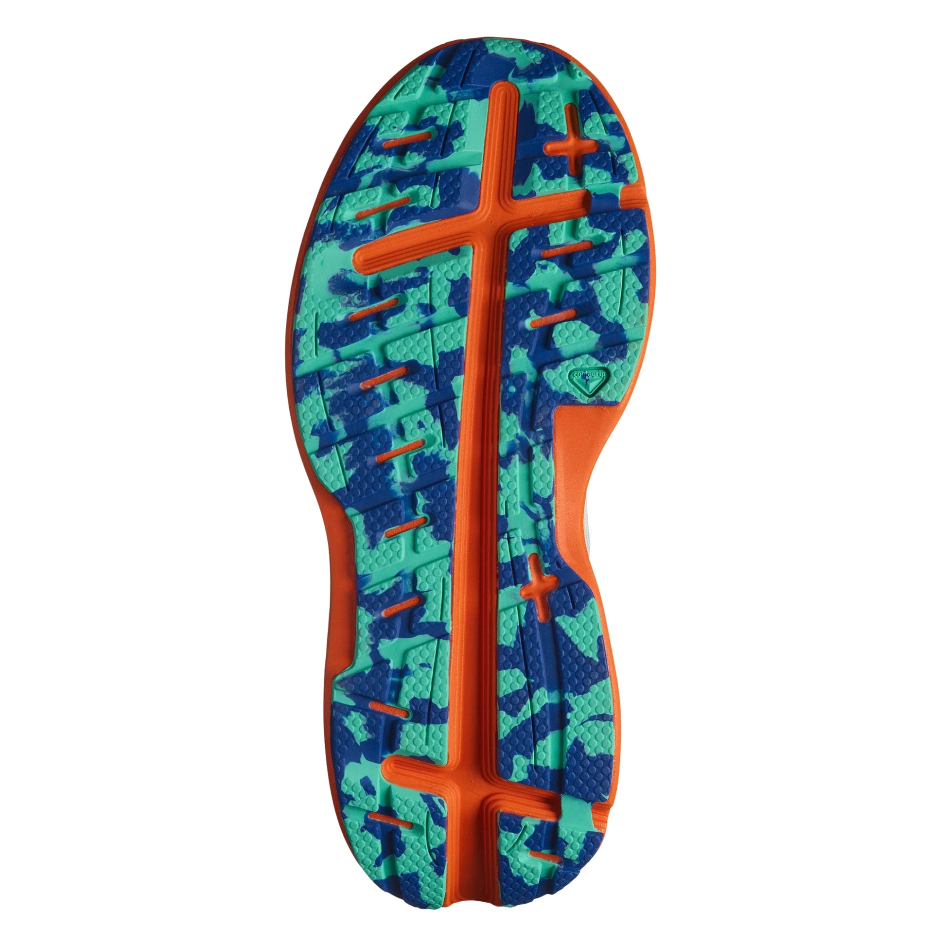 Colorful running shoe sole with blue and green pattern and orange accents on a white background