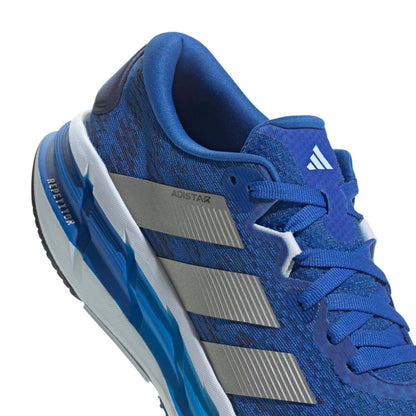 Blue running shoe with white sole and adidas logo on a white background