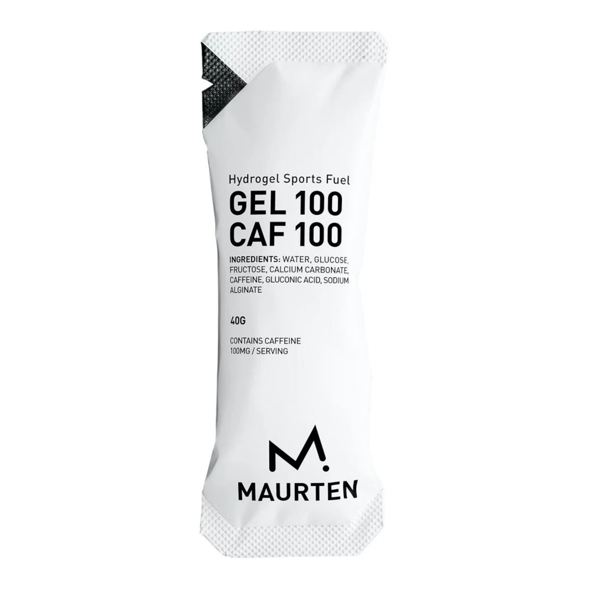 A single white Maurten Hydrogel Sports Fuel Gel 100 Caf 100 powder sachet on a plain white background.