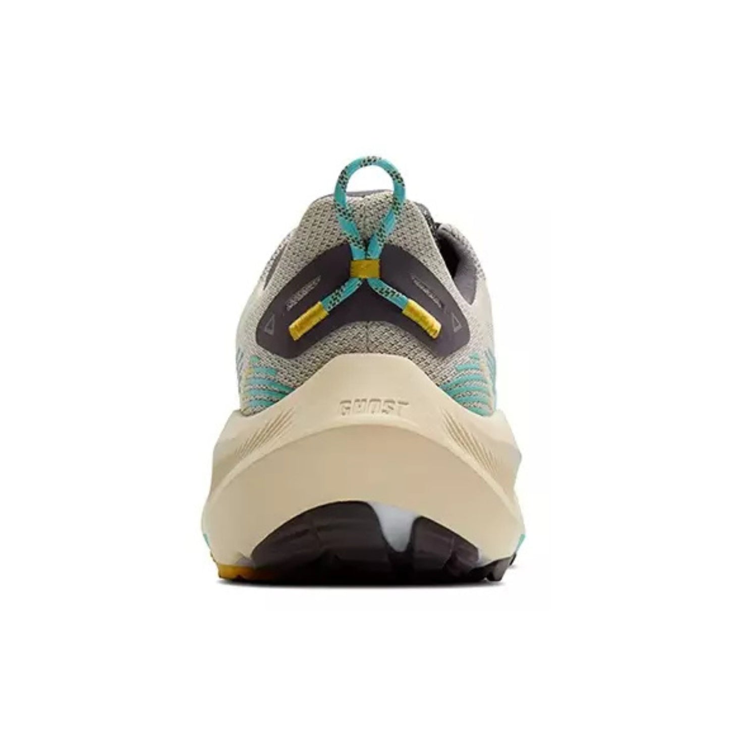 Back view of a Brooks running shoe with a white sole and multicolor upper on a white background