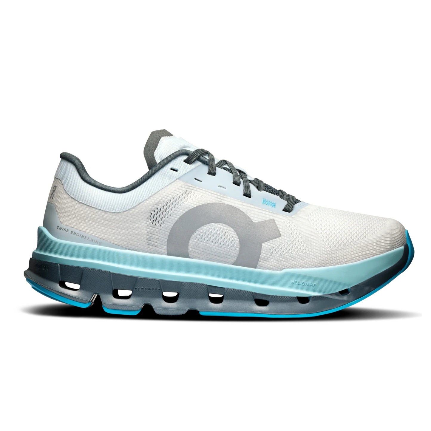 White and blue running shoe with visible brand logo on a white background