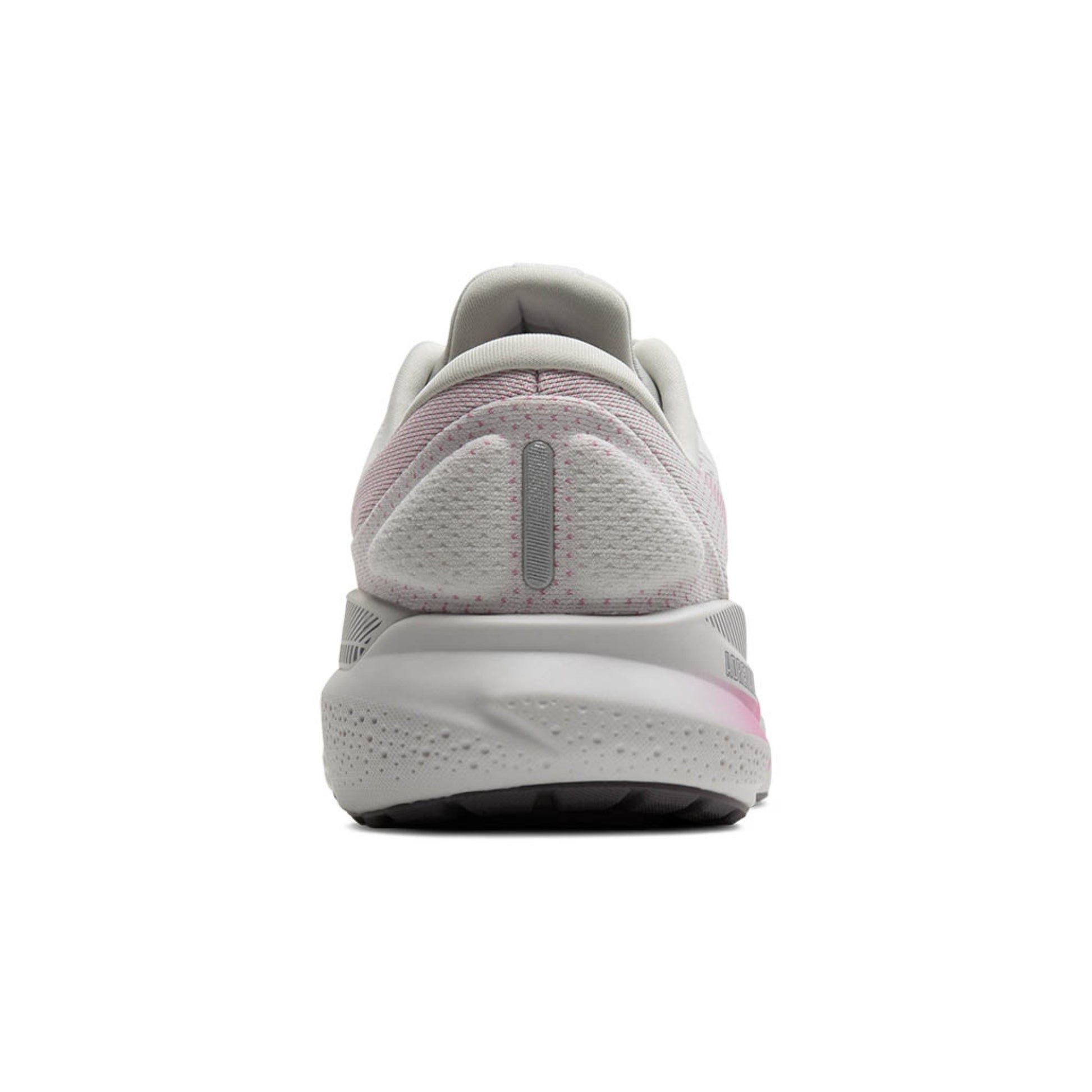 White running shoe with pink accents on a white background