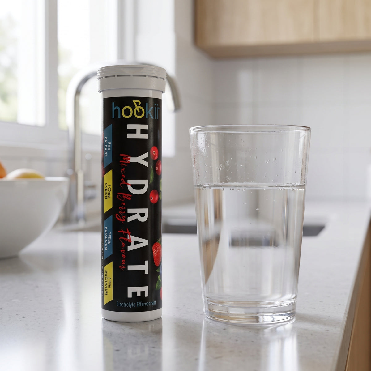 Hydrate electrolyte effervescent tablets with fruit illustration next to a glass of water 