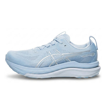Light Asics blue running shoe on a white background