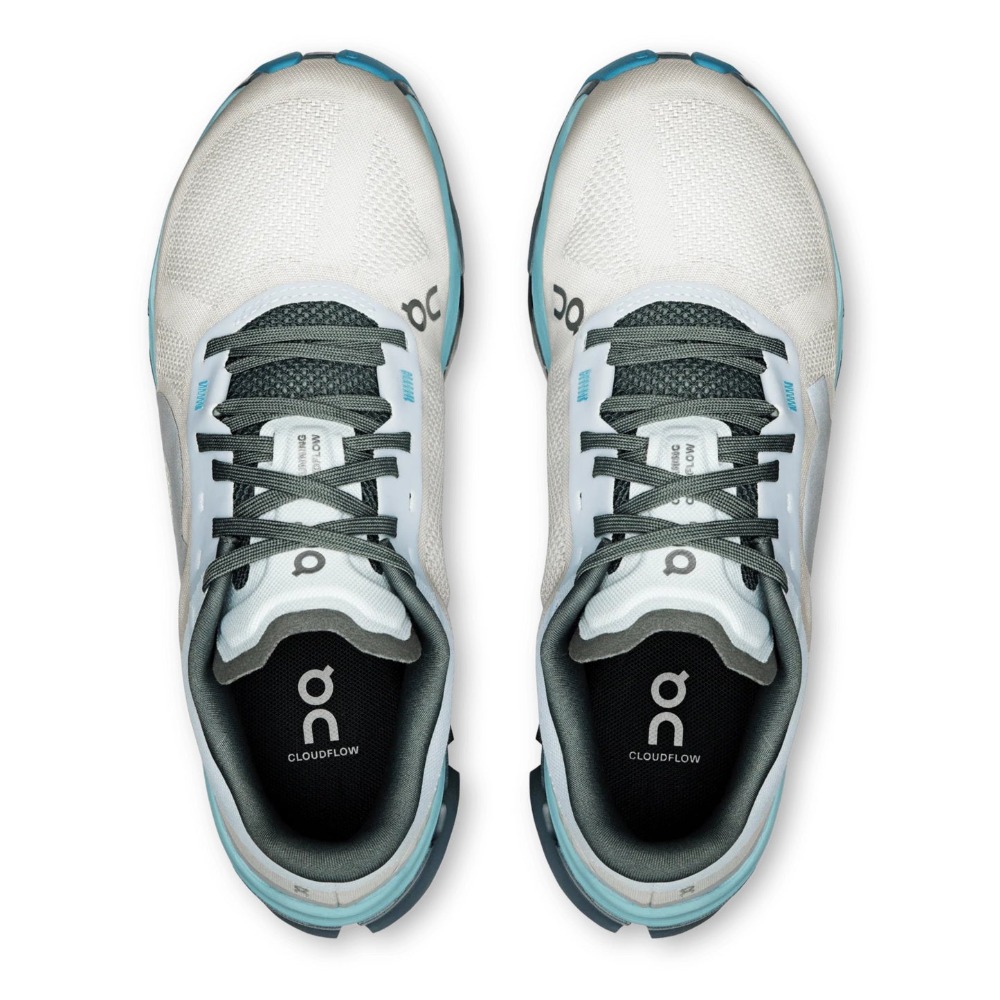 Pair of white and gray running shoes with 'On' branding on a white background