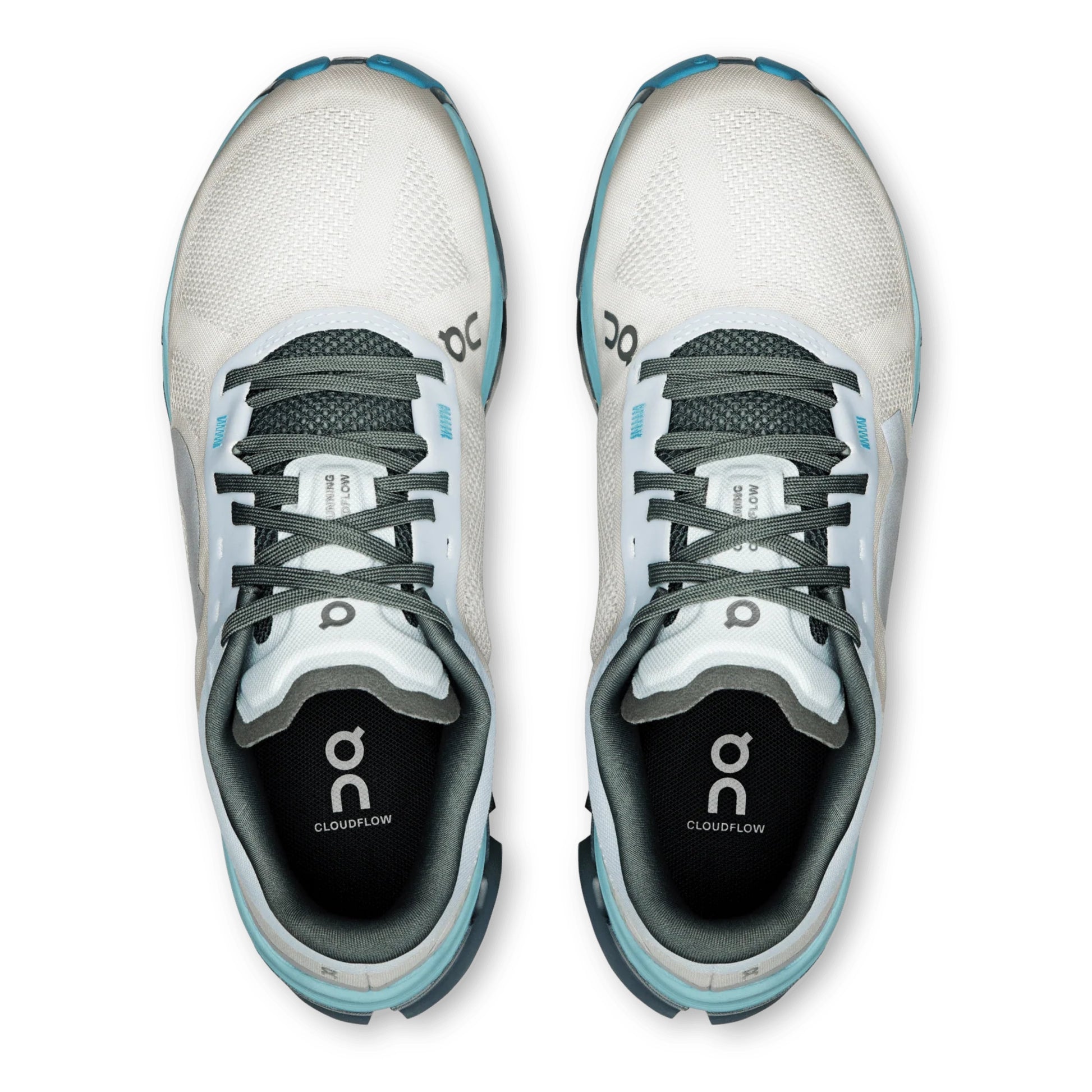 Pair of white and gray running shoes with 'On' branding on a white background