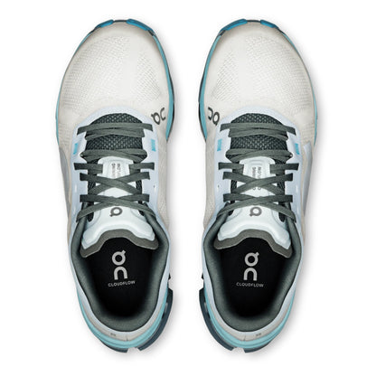 Pair of white and gray running shoes with 'On' branding on a white background
