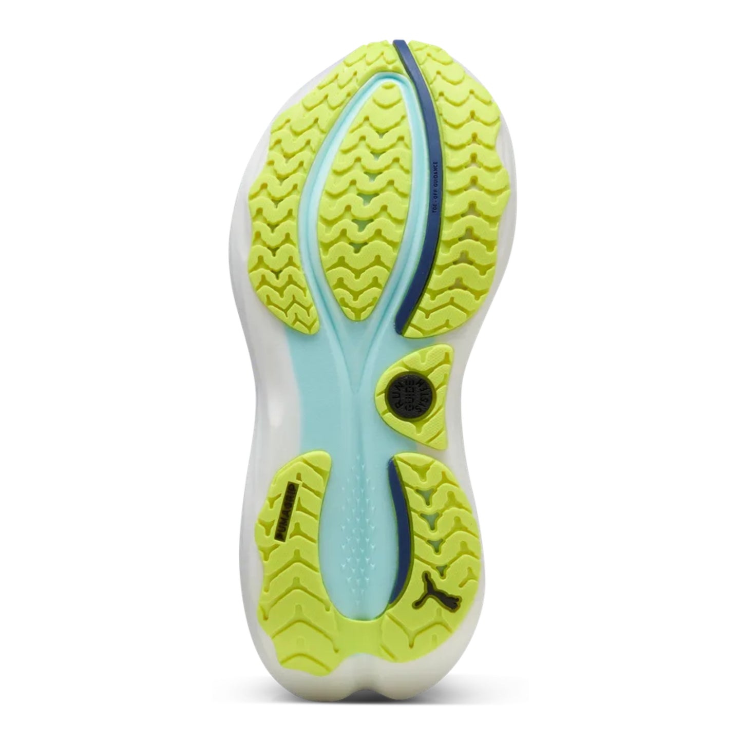 Close-up of a shoe sole with green and blue design on a white background