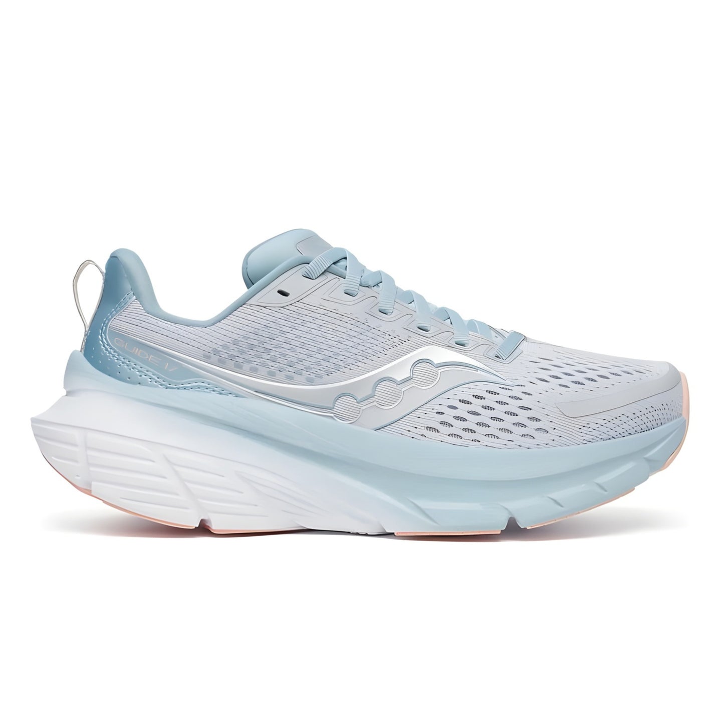 Cloud/Topaz Saucony running shoe with the wording Guide 17 on the outside of the shoe 