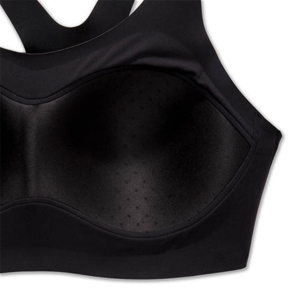 Close-up of a black sports bra showing the underband, side gore, and textured cup lining against a white background.
