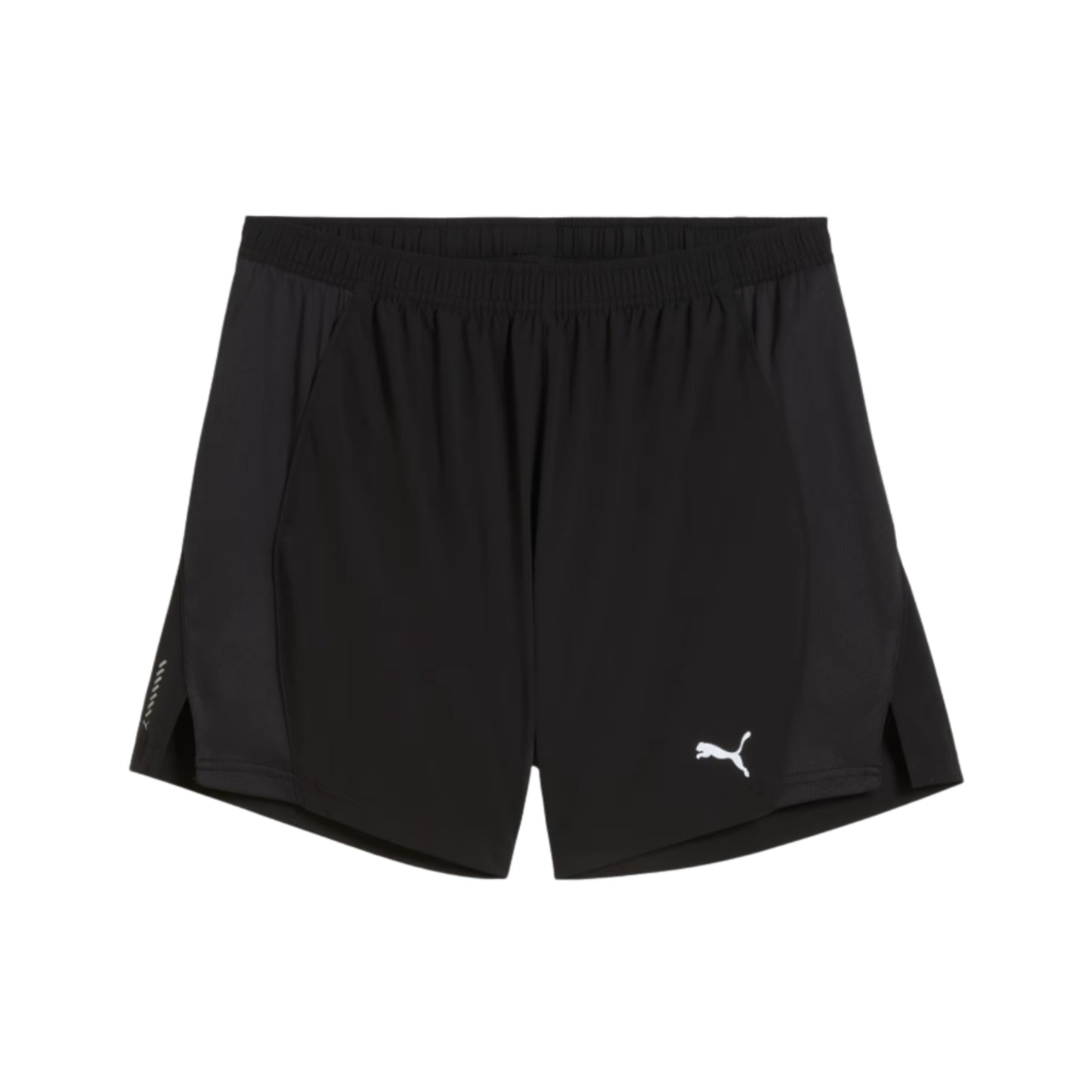 Black Puma shorts with a brand logo on a white background