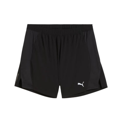 Black Puma shorts with a brand logo on a white background
