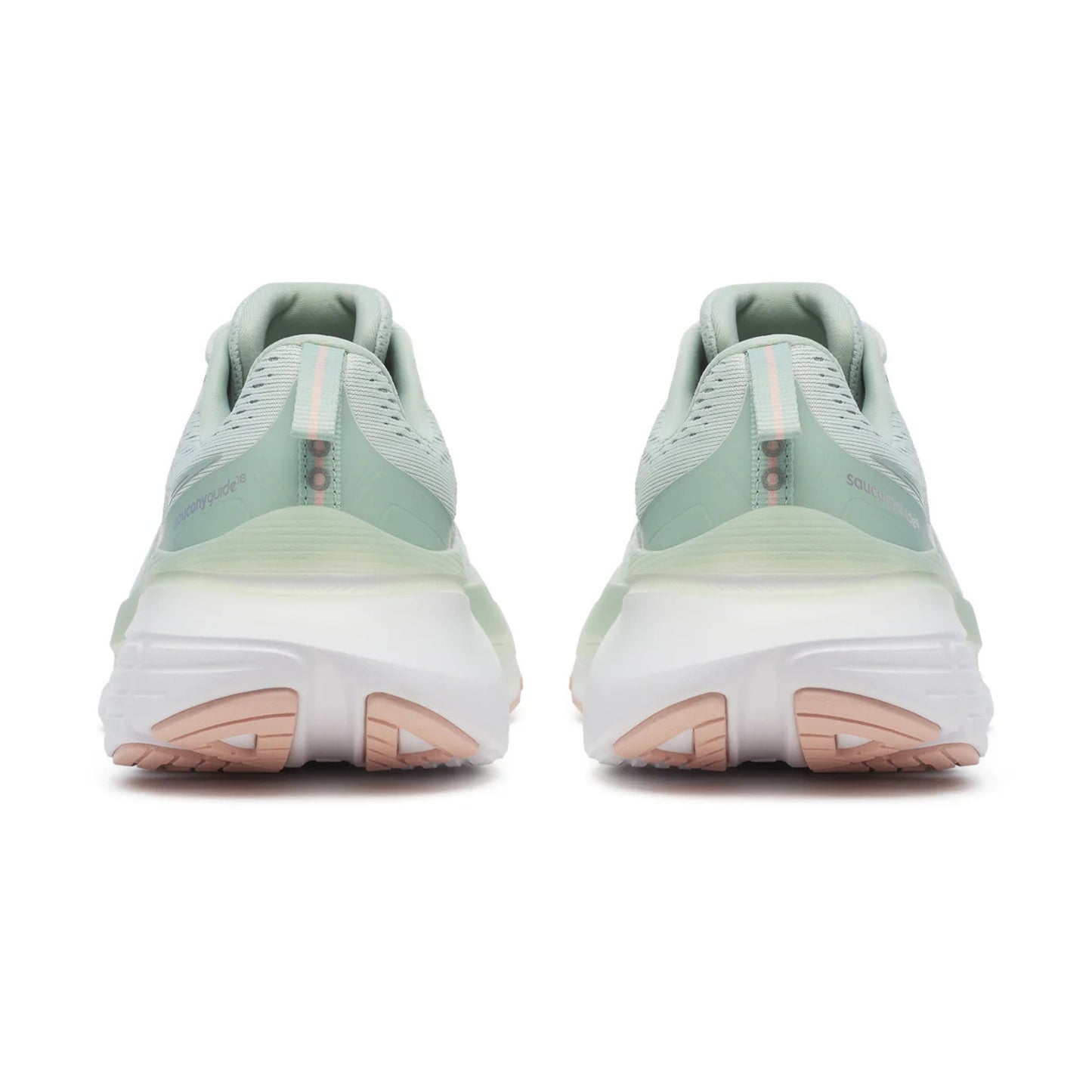 Pair of light green running shoes with white soles on a white background