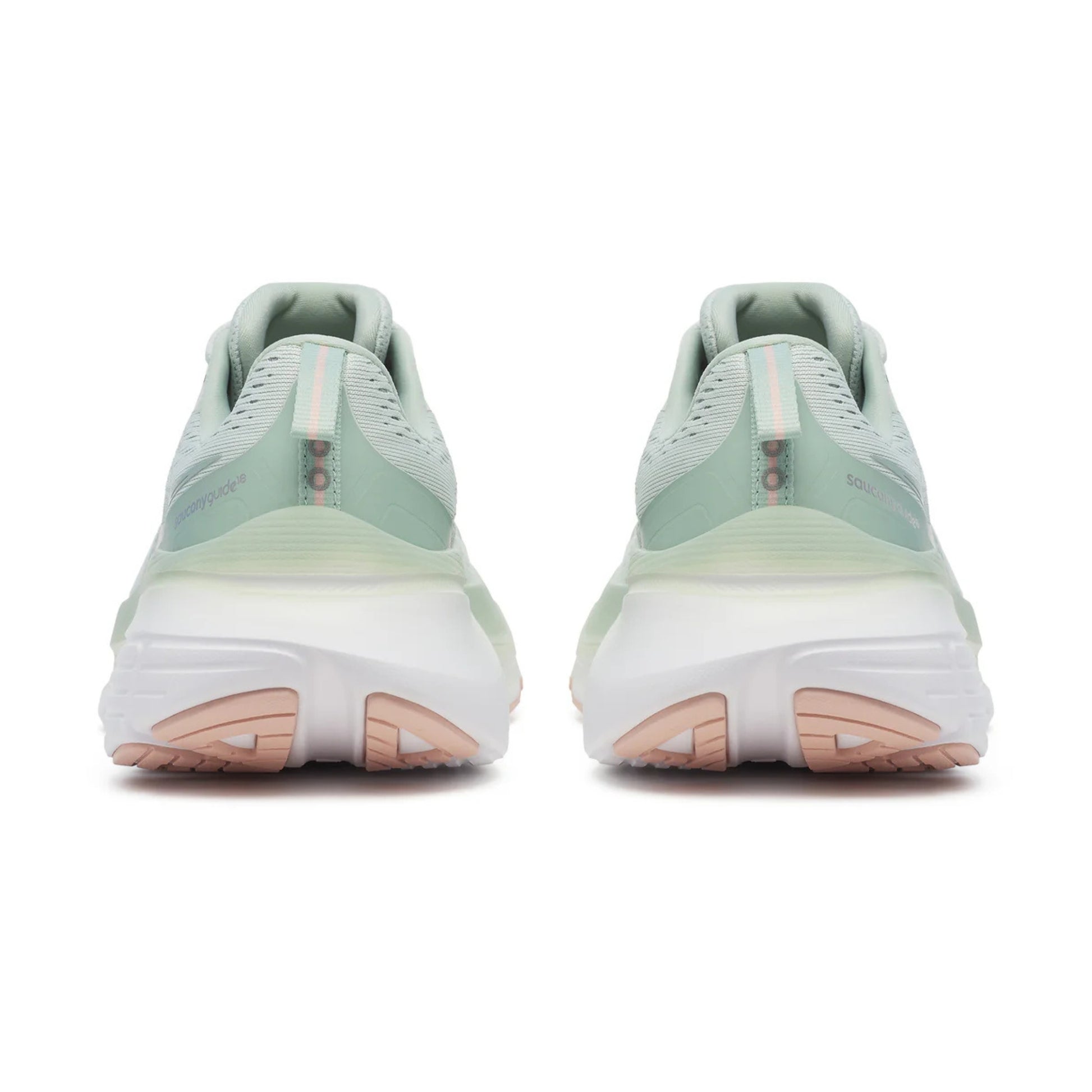Pair of light green running shoes with white soles on a white background