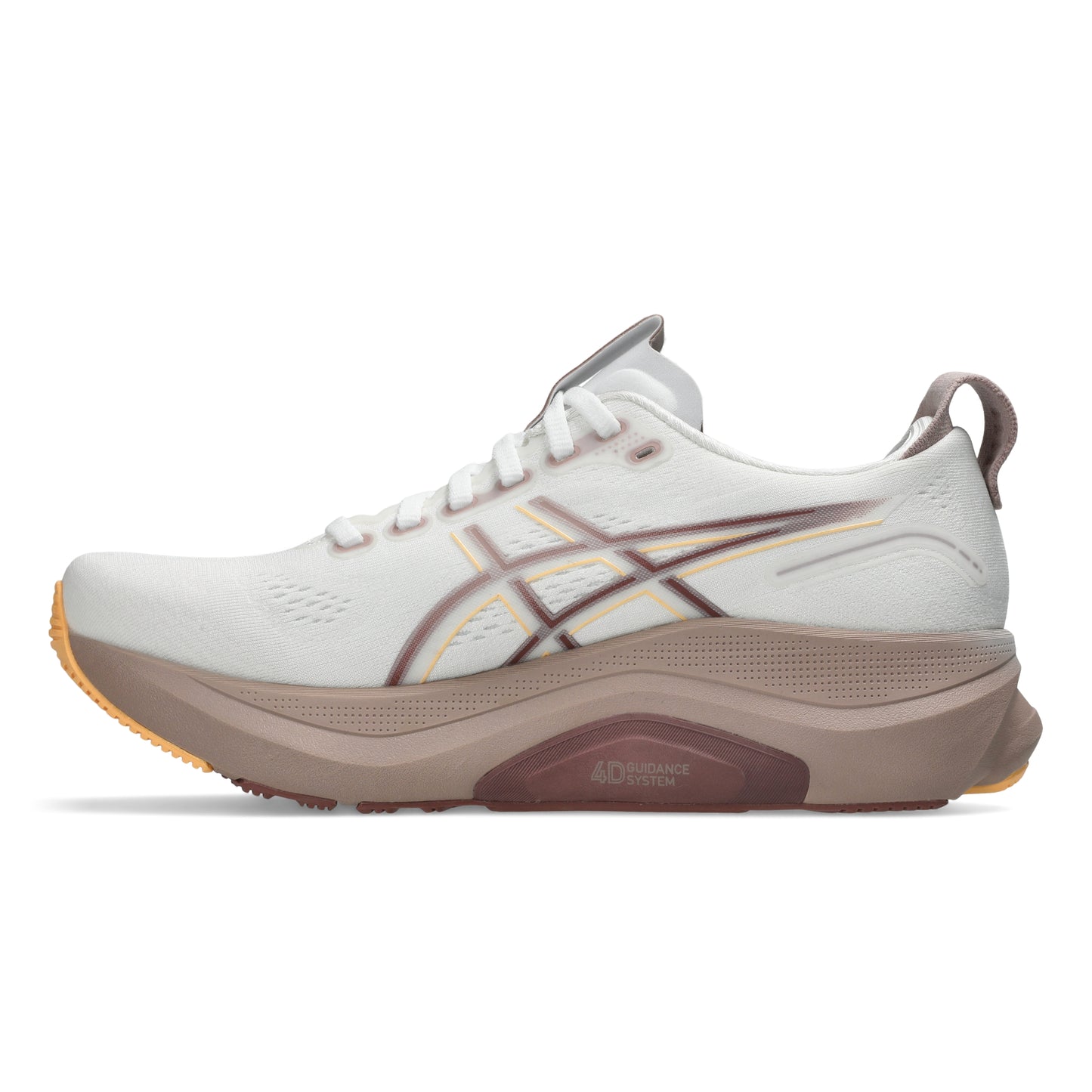 White running shoe with brown sole on a white background