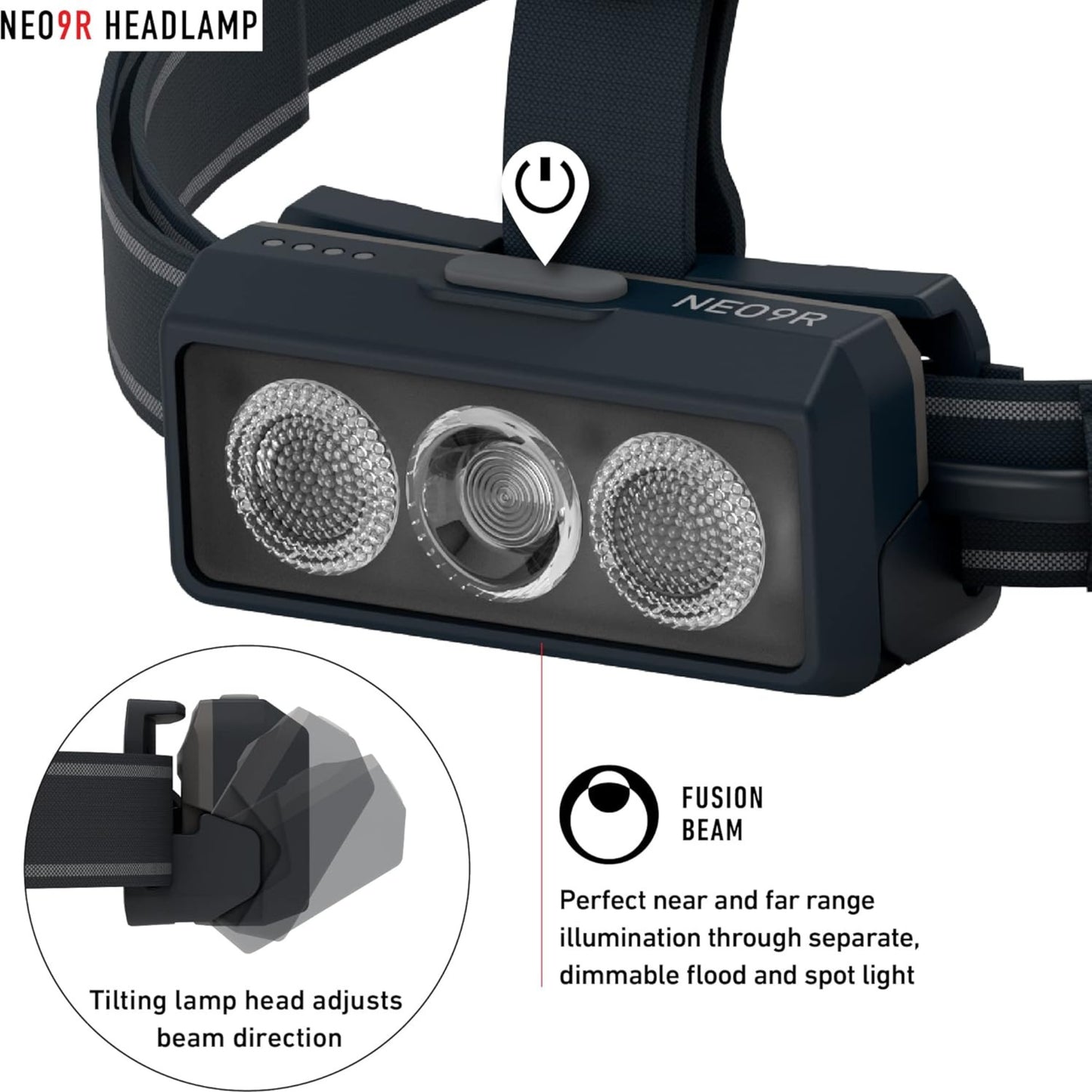 NEO9R headlamp with fusion beam technology on a white background