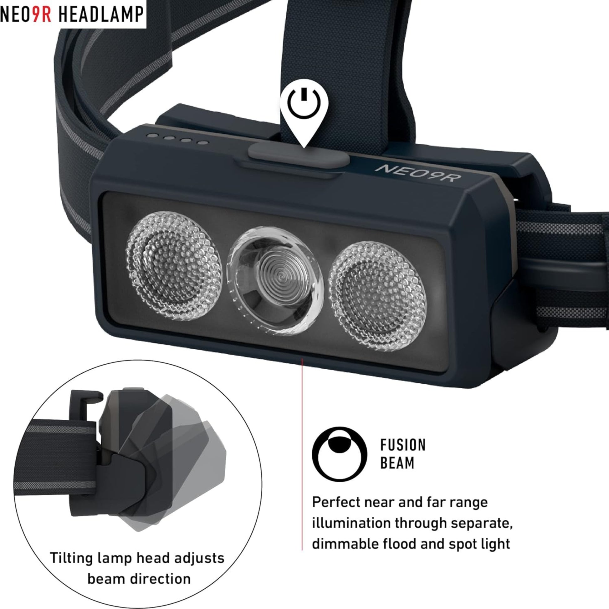 NEO9R headlamp with fusion beam technology on a white background