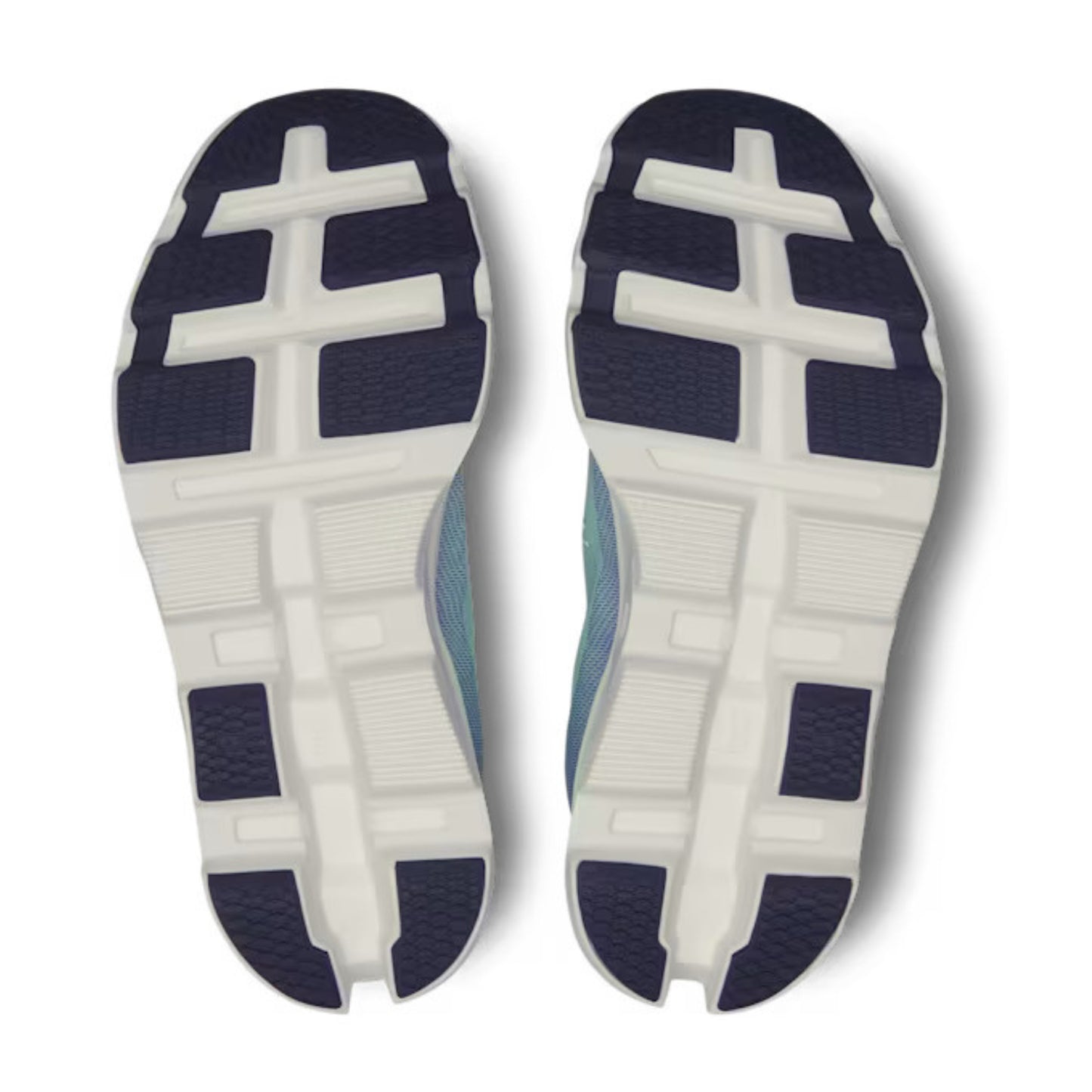 Close-up of the sole of a shoe with a white and blue design on a white background