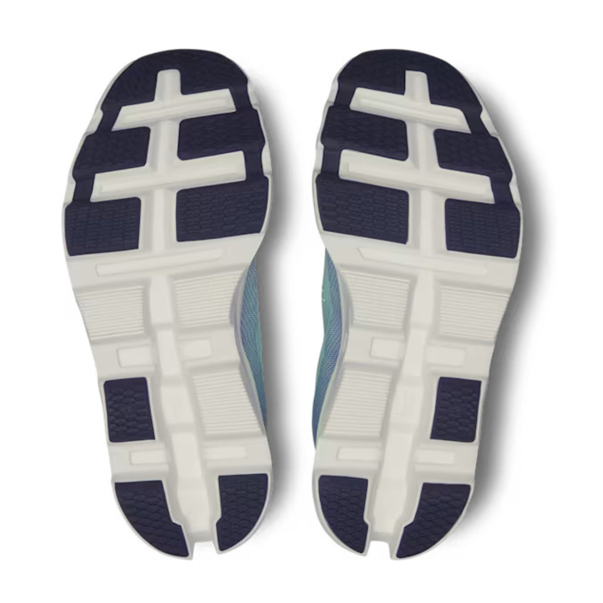 Close-up of the sole of a shoe with a white and blue design on a white background