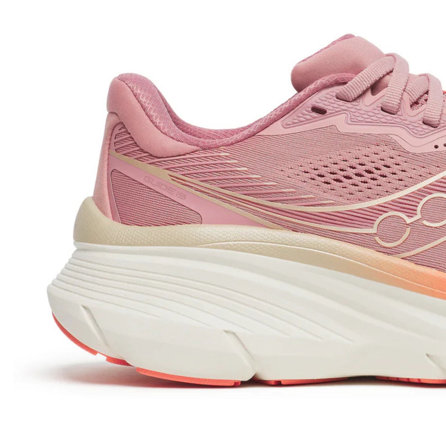 Pink Saucony running shoe with a white sole on a white background