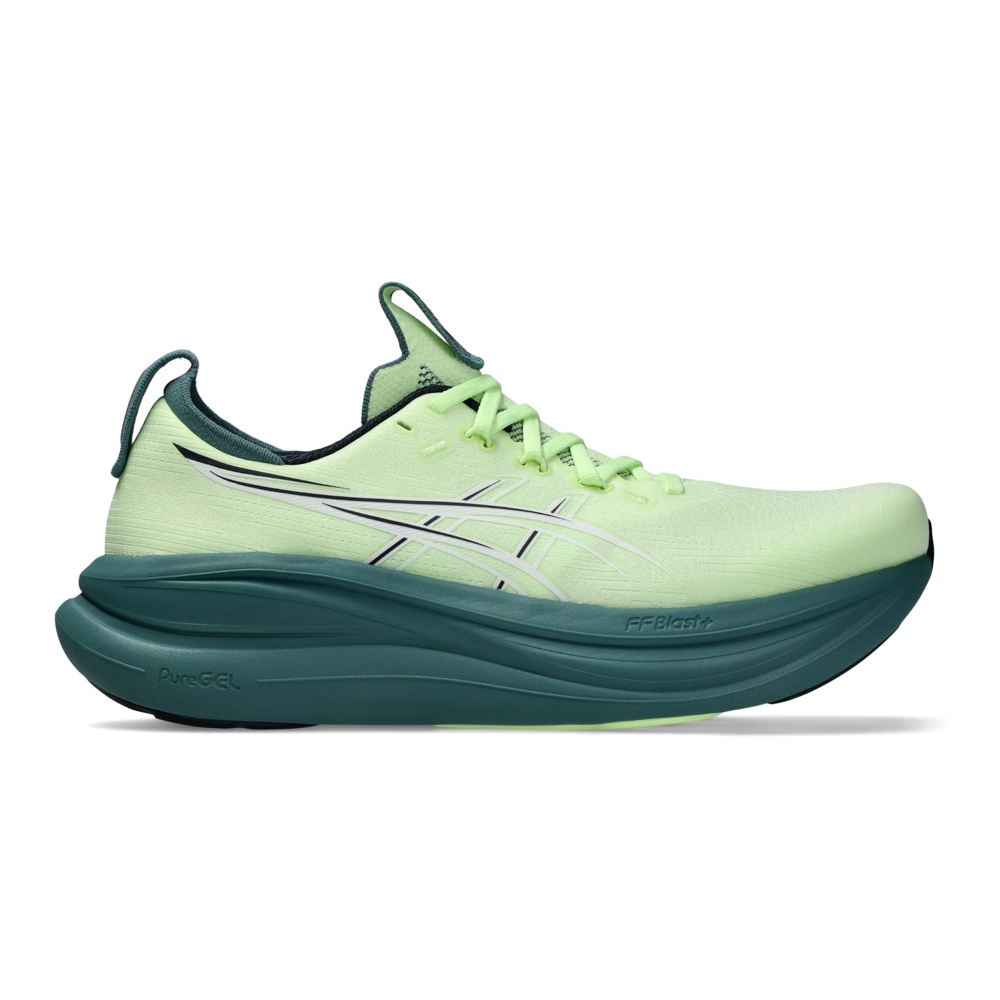 Light green Asics running shoe with a dark green sole on a white background
