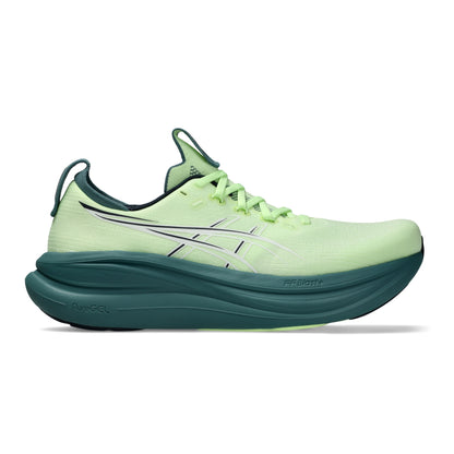 Light green Asics running shoe with a dark green sole on a white background