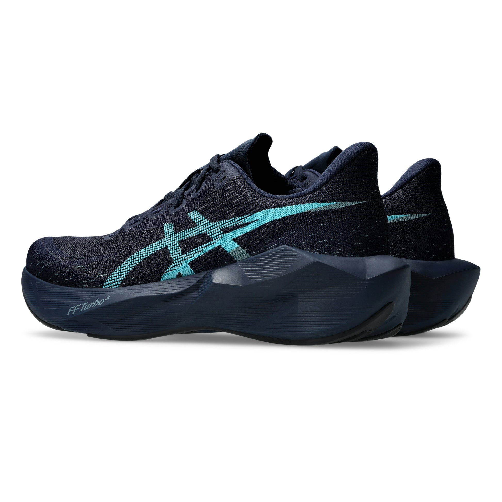 A pair of ASICS running shoes in dark navy blue with a bright turquoise logo and accents, shown from a side profile view on a white background.