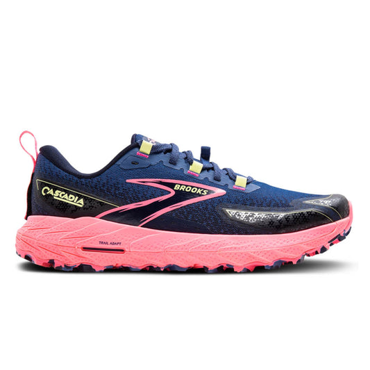 Navy and pink running shoe with 'Brooks' branding on a white background
