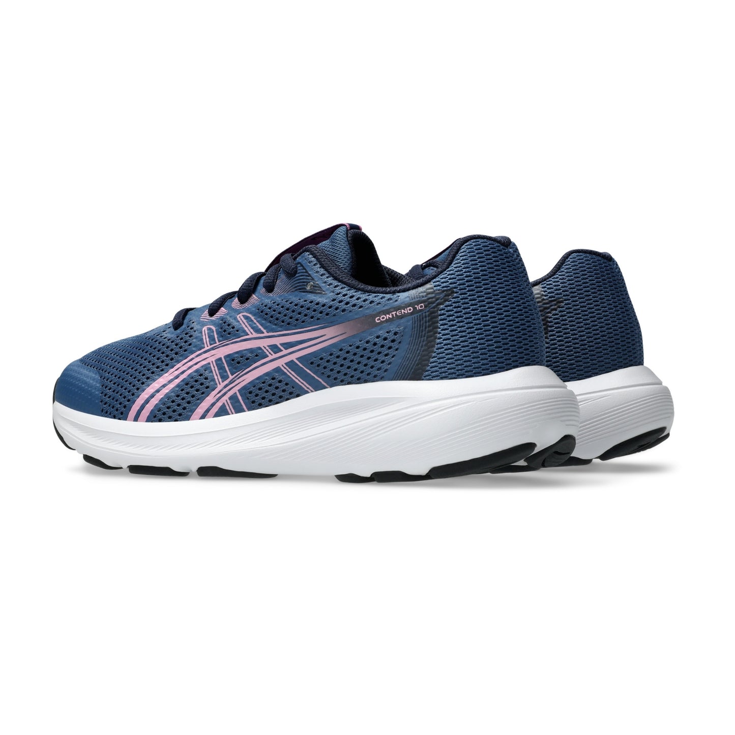 A pair of ASICS running shoes in navy blue mesh with pink and white stripes, shown from a side profile view on a white background.