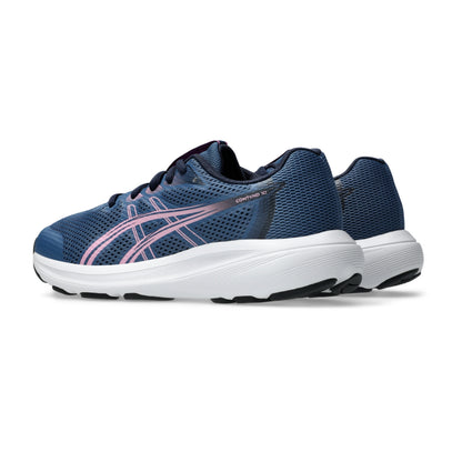 A pair of ASICS running shoes in navy blue mesh with pink and white stripes, shown from a side profile view on a white background.