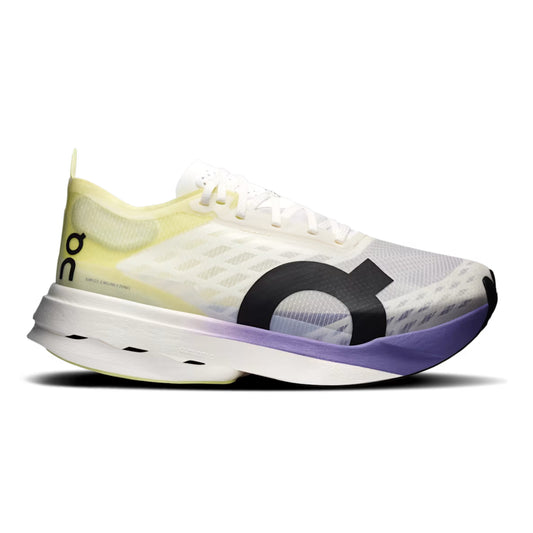 A single On running shoe shown in profile against a white background. The shoe features a white and light gray mesh upper with a pale yellow collar, a large black On logo on the side, and a purple outsole.