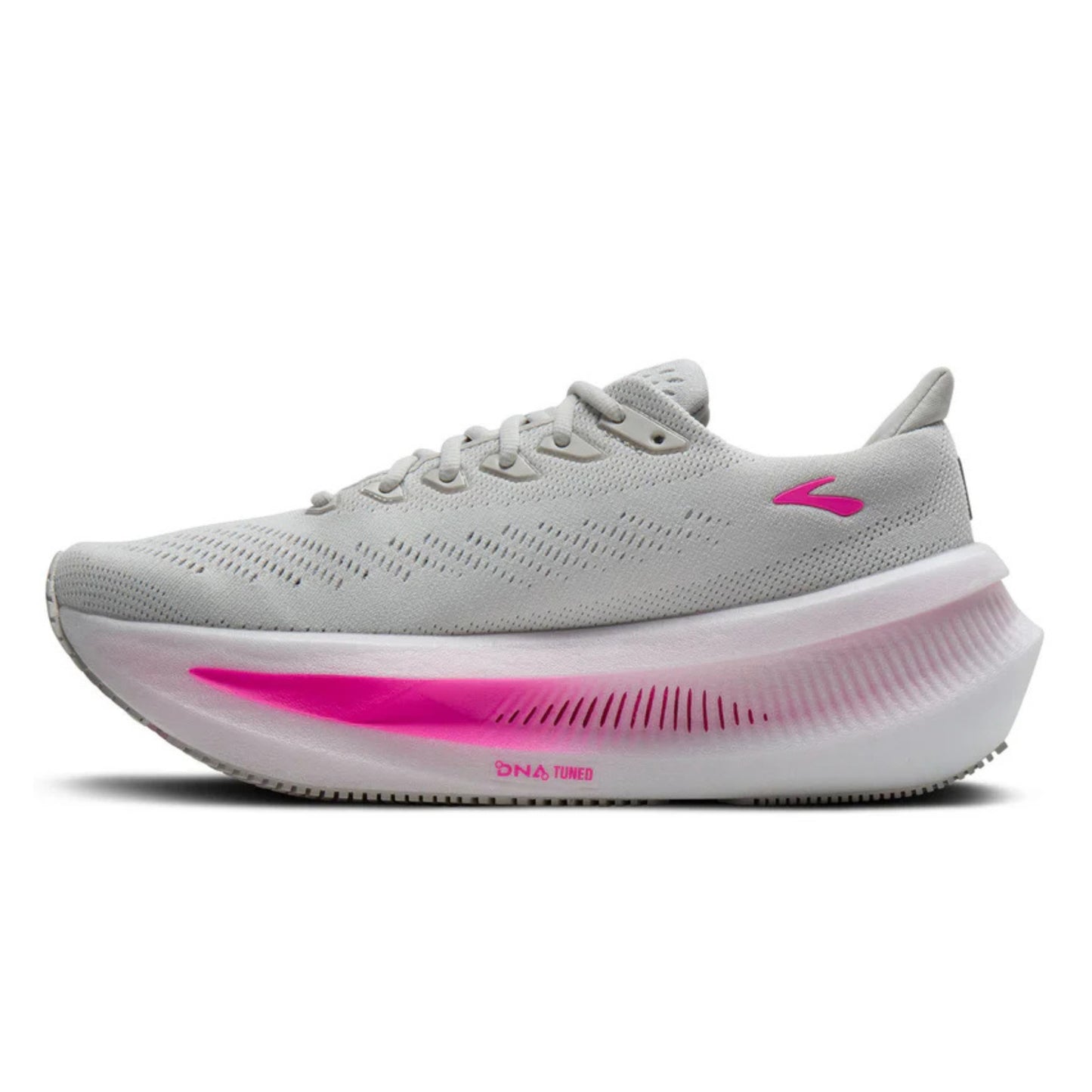 Gray Brooks running shoe with pink sole on a white background