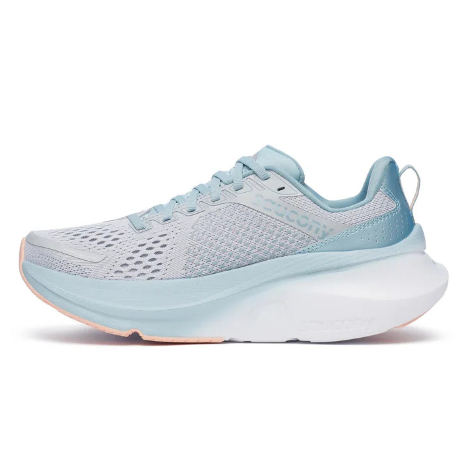 Cloud/Topaz Saucony running shoe with the wording Saucony on the inside of the shoe 