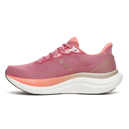 Pink Saucony running shoe with white sole on a white background