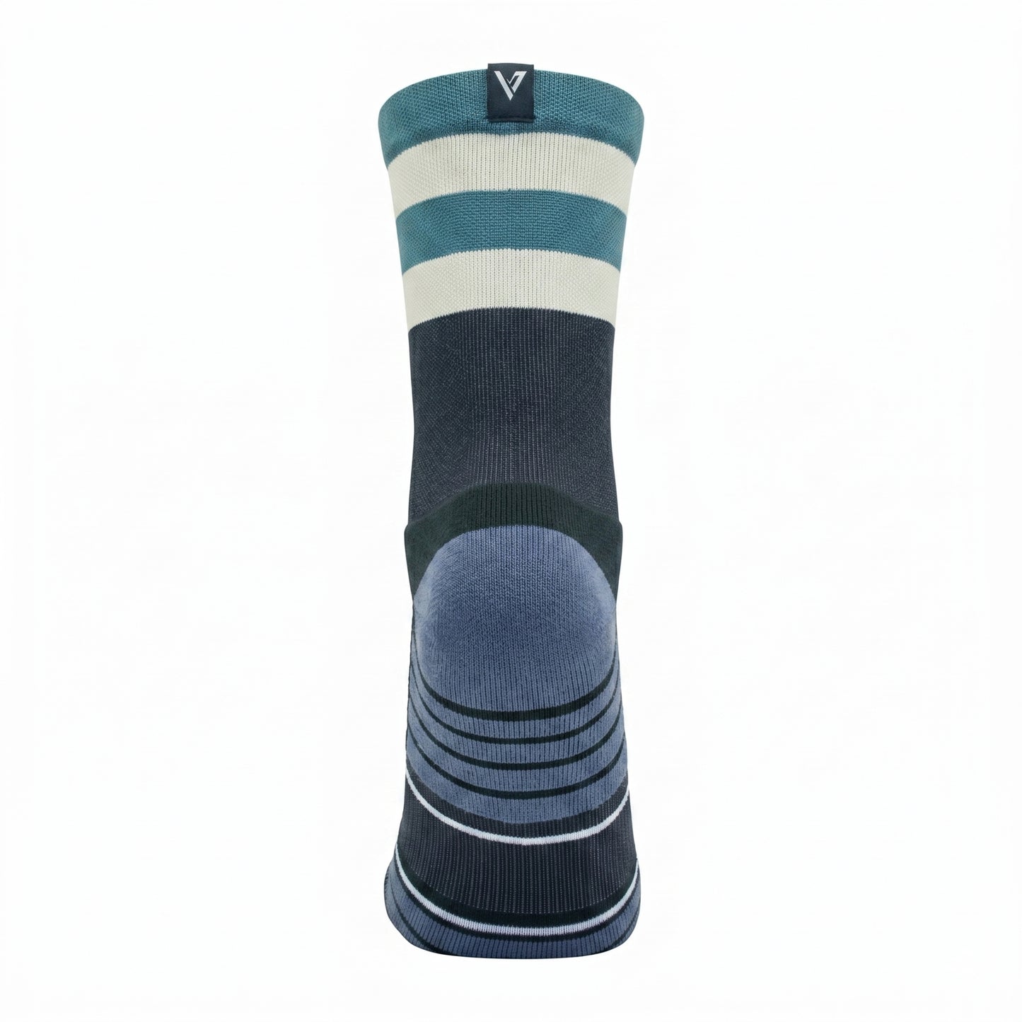 Blue and gray striped sock on a white background
