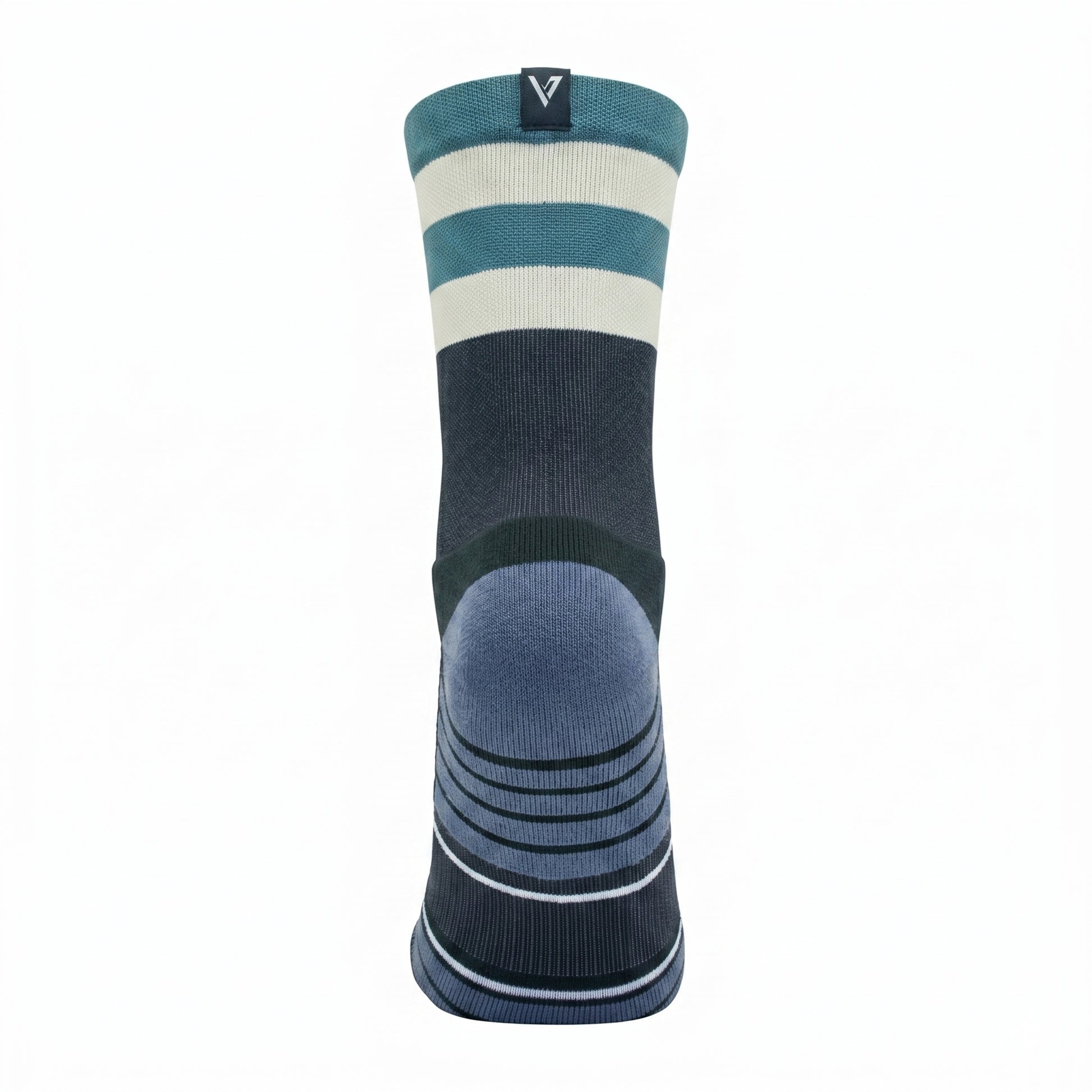 Blue and gray striped sock on a white background