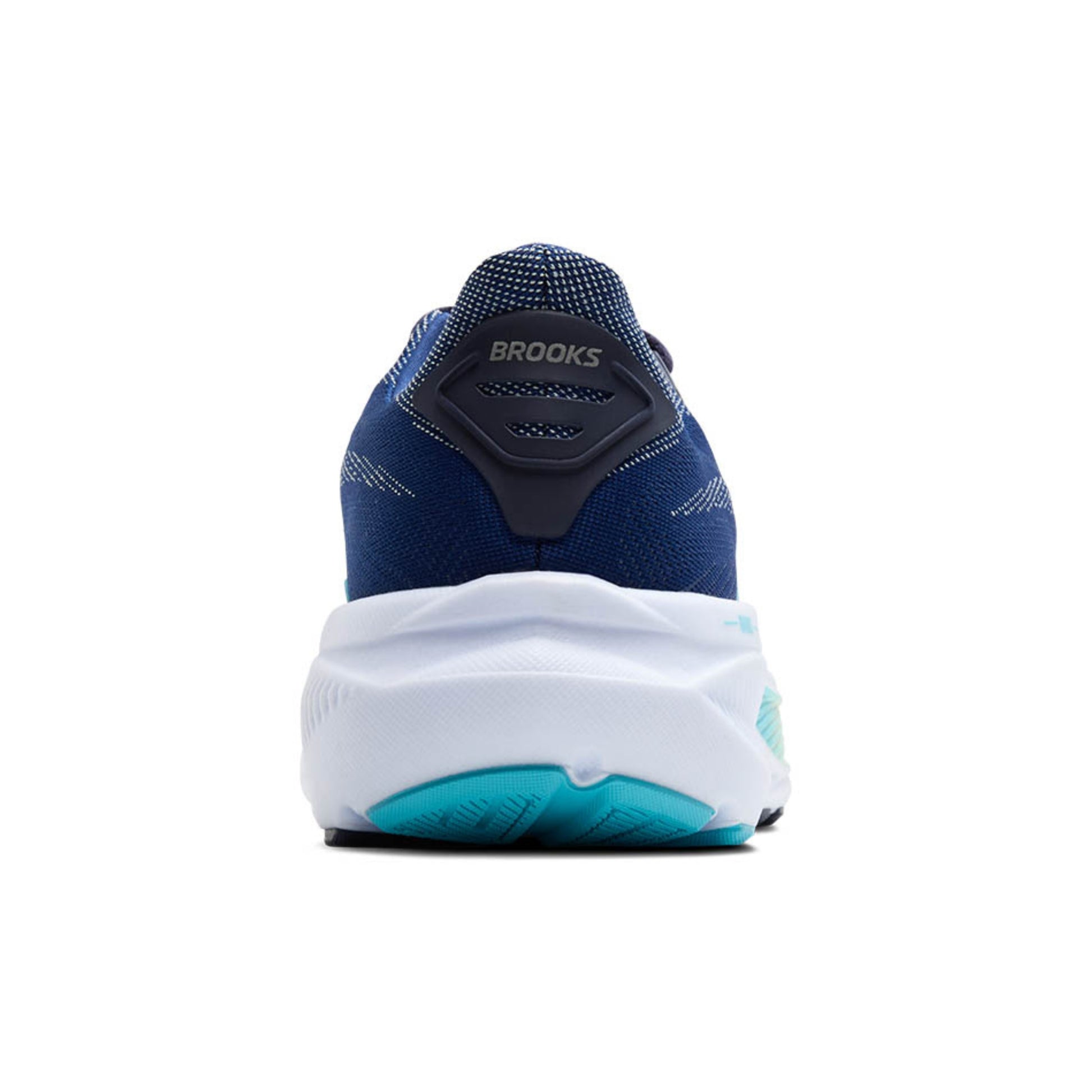 Blue and white running shoe with 'Brooks' branding on the back view on a white background