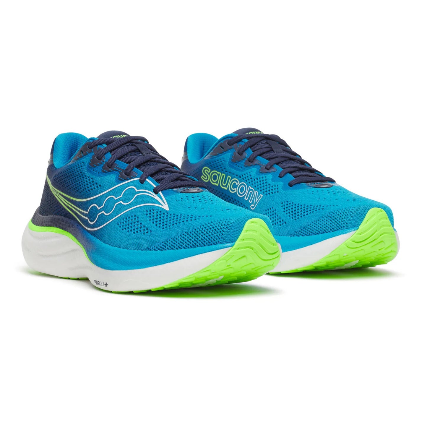 Blue and green Saucony running shoes with Saucony logo on a white background