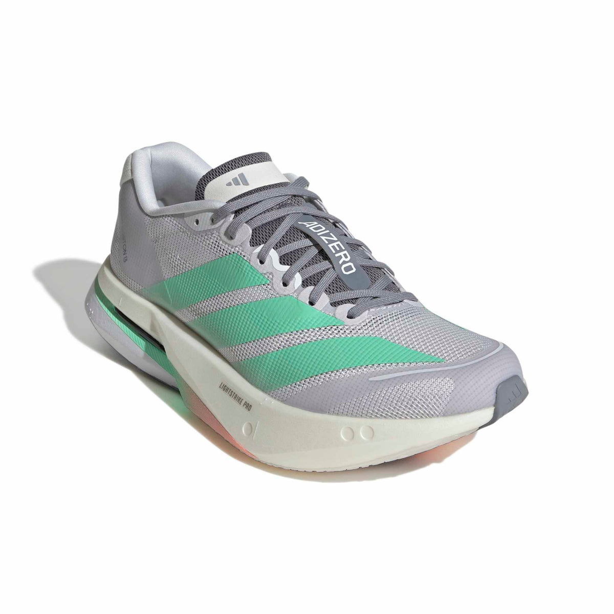 An Adidas running shoe in gray and mint green, featuring the 'POWER' text on the laces and 'LIGHTFORCE' on the midsole, shown against a plain white background.