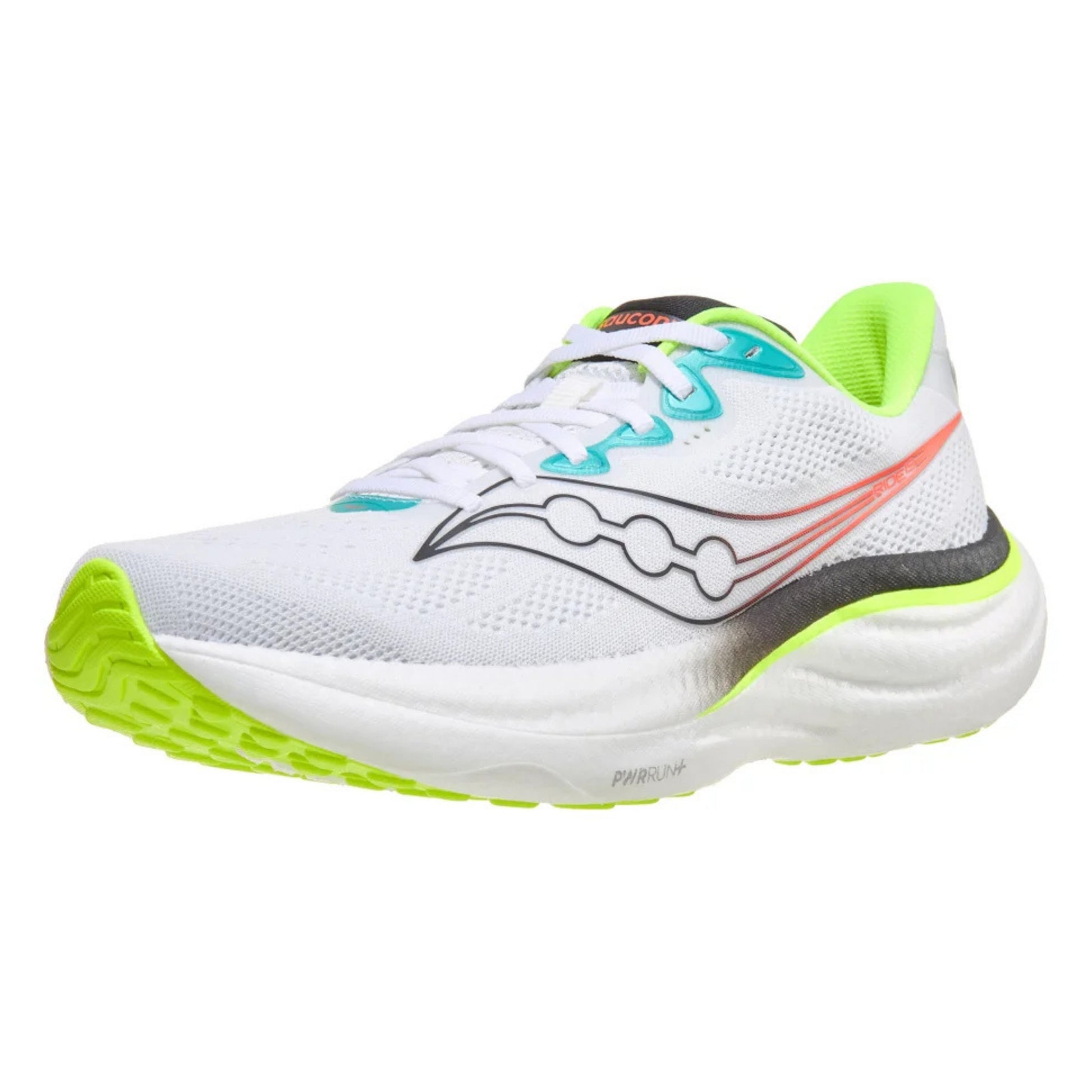 White and black running shoe with yellow accents on a white background