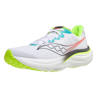 White and black running shoe with yellow accents on a white background