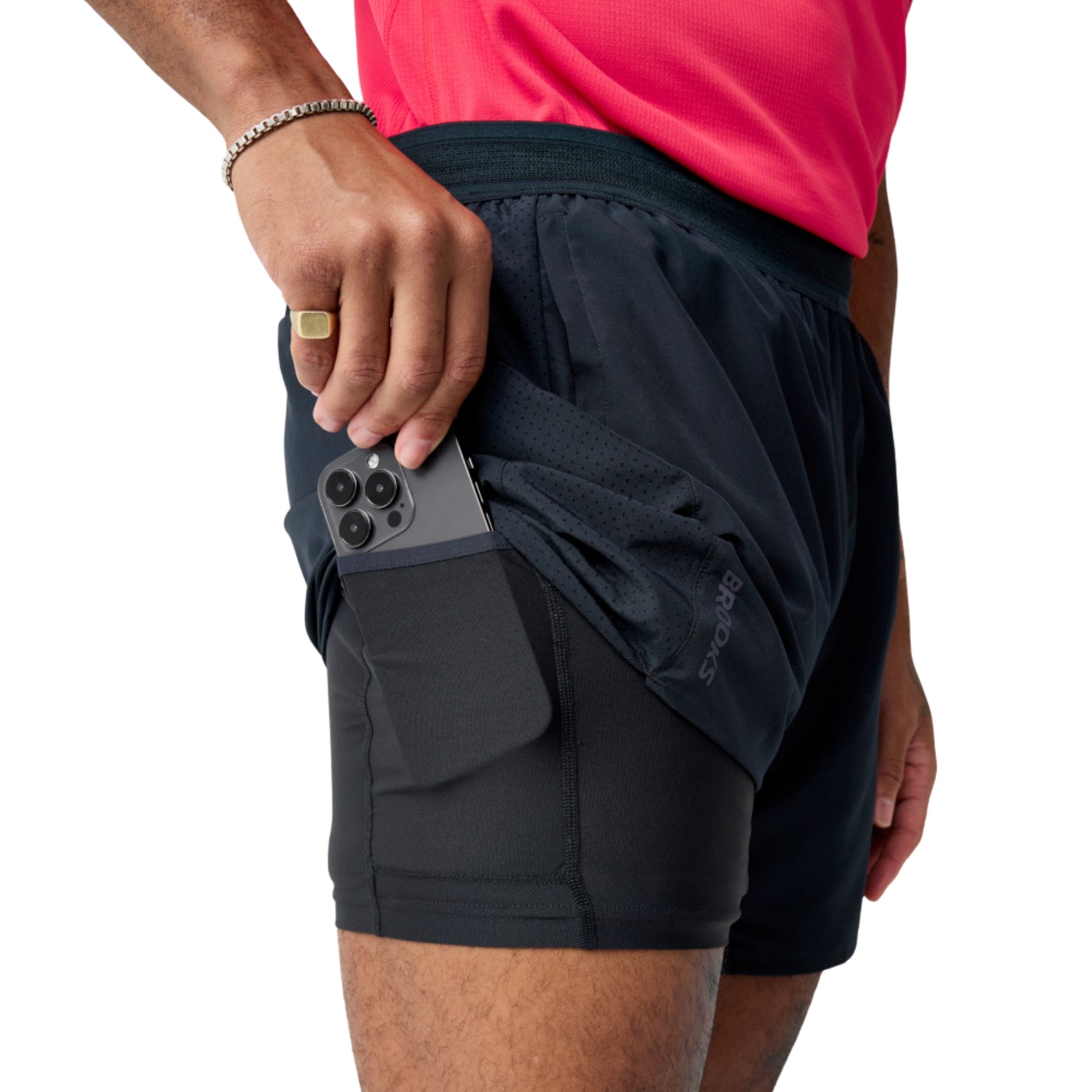 Man wearing black Brooks running shorts on a white background