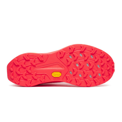 Red sole of a shoe with a textured pattern on a white background