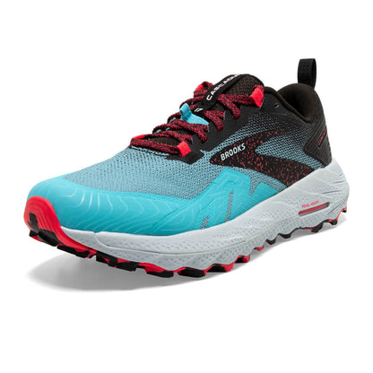 Blue and black running shoe with red accents on a white background