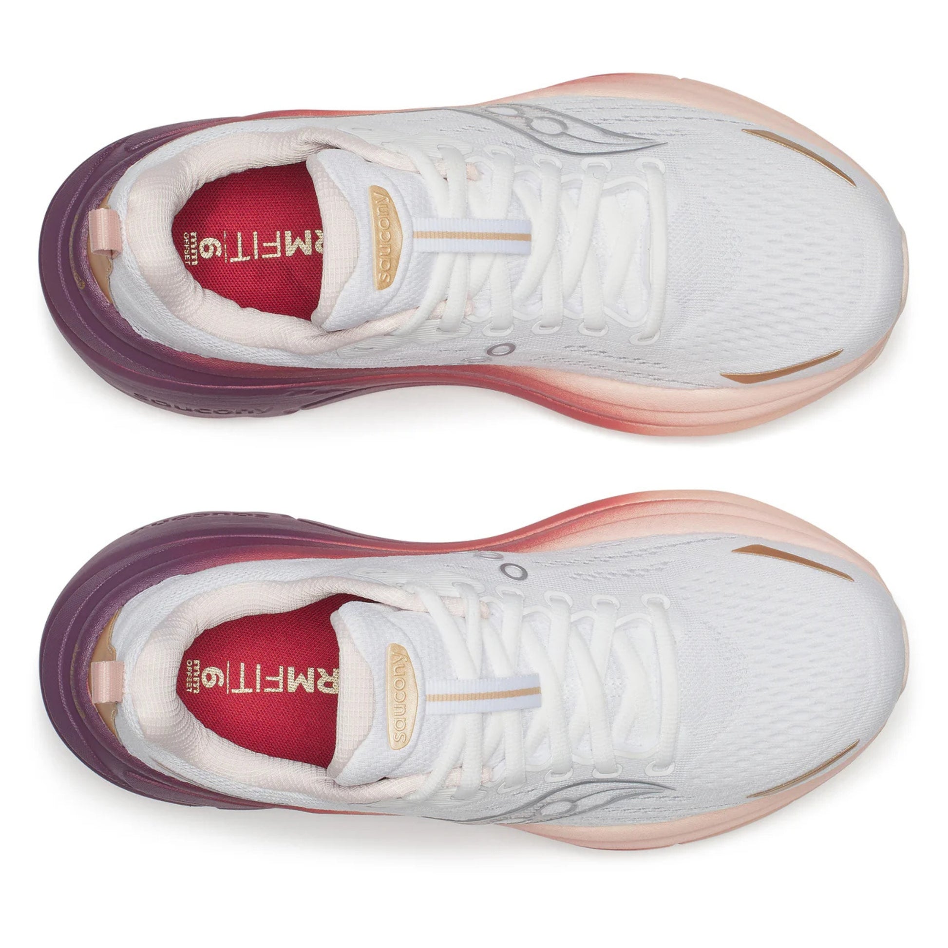 White running shoes with pink and purple accents on a white background