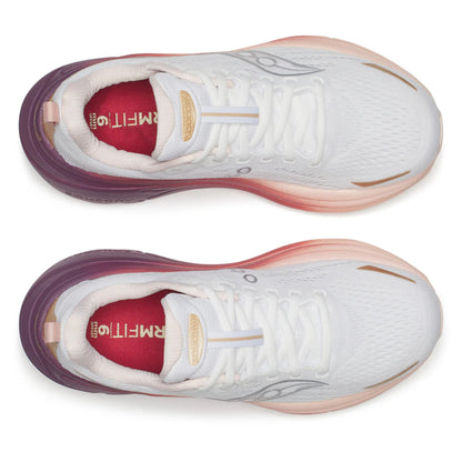 White running shoes with pink and purple accents on a white background