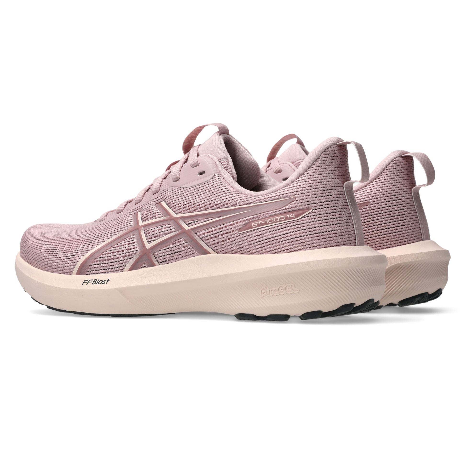 Pink running shoe with white sole on a white background