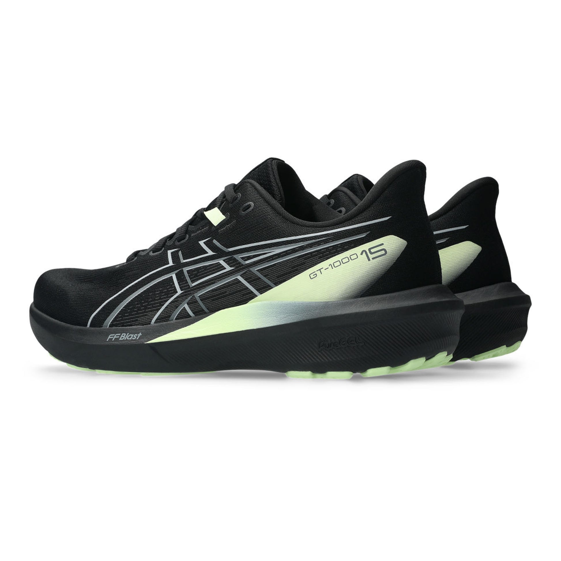 Black Asics running shoes with yellow accents on a white background